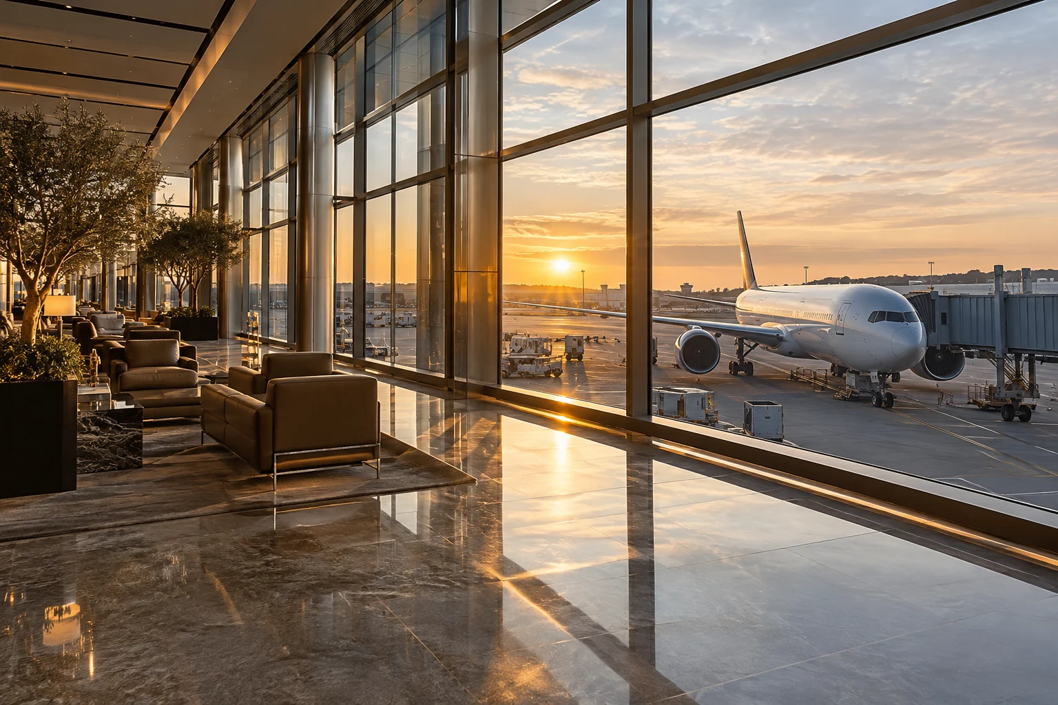 AI-generated photograph of an airport lounge and aircraft at sunrise
