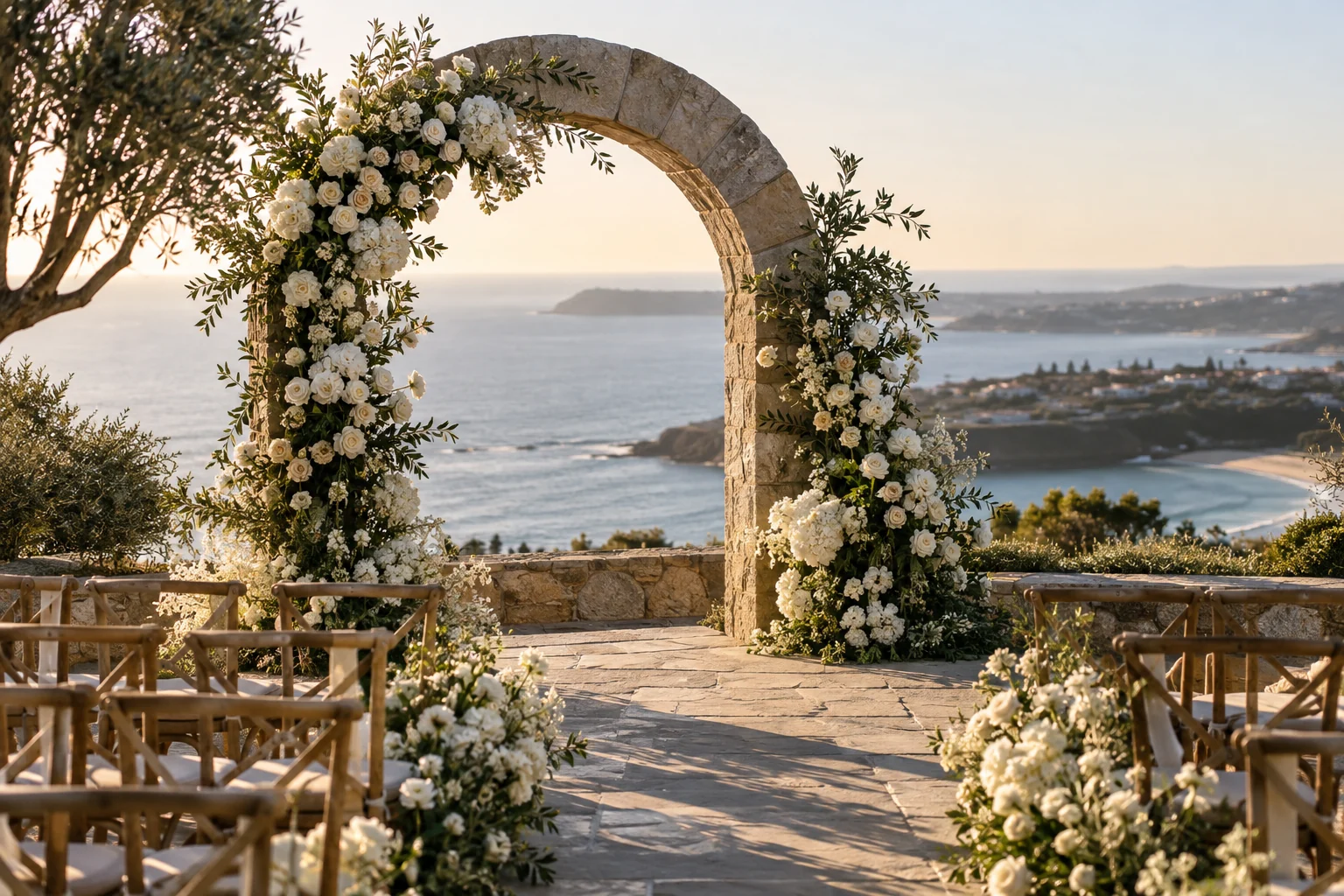 AI-generated photograph of an elegant floral wedding arch overlooking the coast